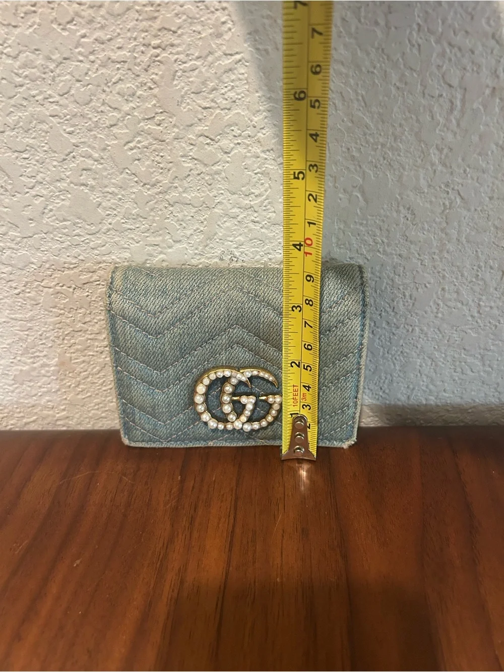 Gucci Denim Wallet with Pearl Double G - Light Blue